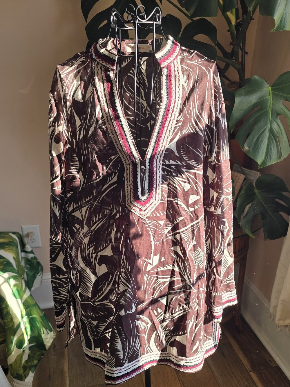 Tory Burch Brown White Leaf Print Embroidered Trim Cotton Tunic Blouse 14 EUC